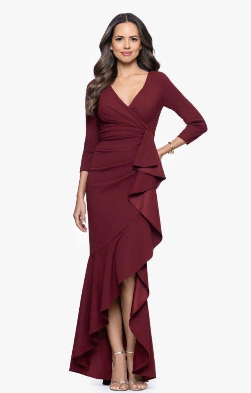 Betsy & Adam PAULINE" SCUBA CREPE 3/4 SLEEVE RUFFLE DRESS Size 6 $259
